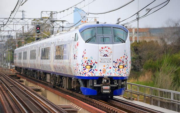 JR Haruka Airport Express train with floral design traveling through countryside.