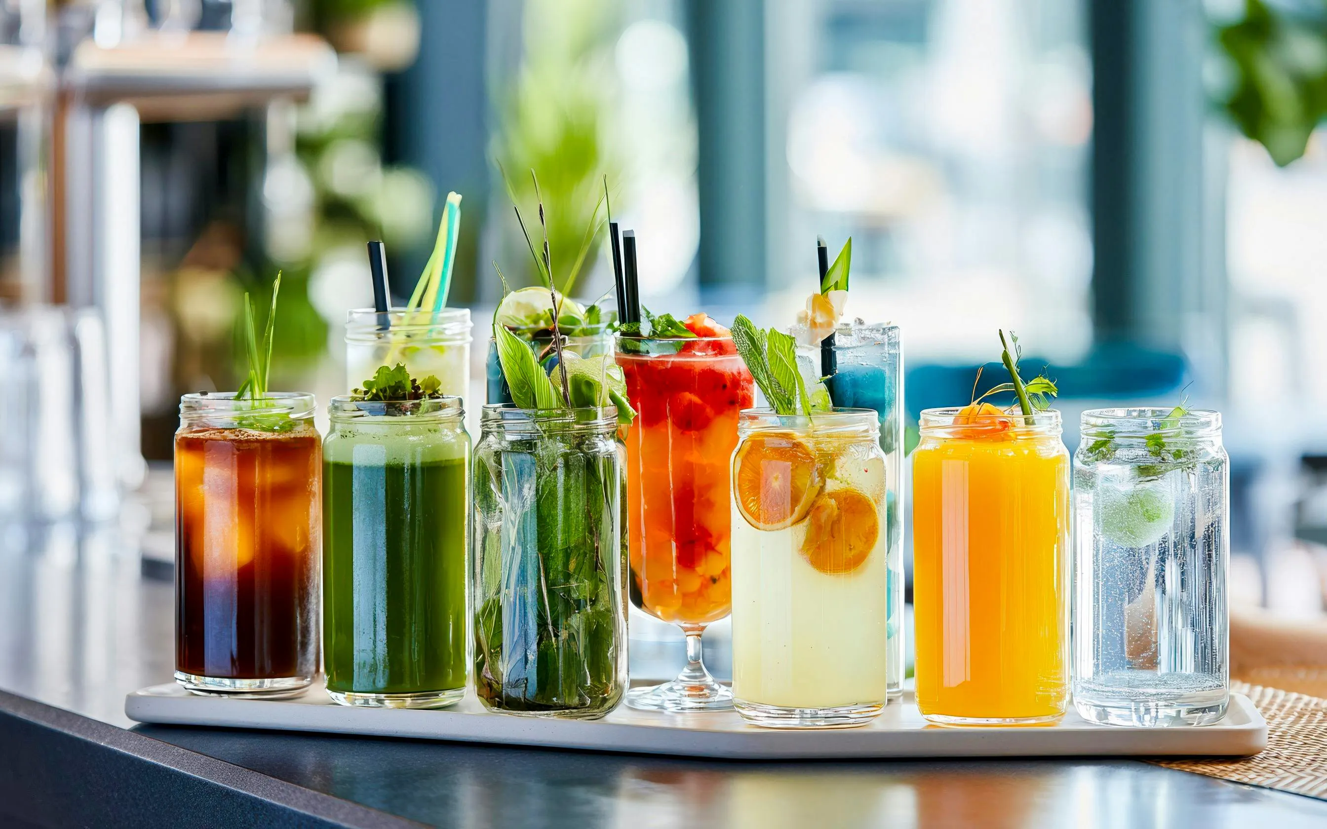 Assorted colorful drinks at Skypark Cafe.