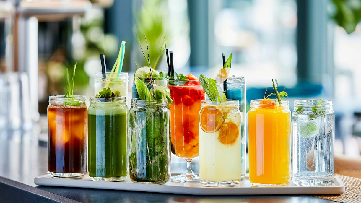 Assorted colorful drinks at Skypark Cafe.