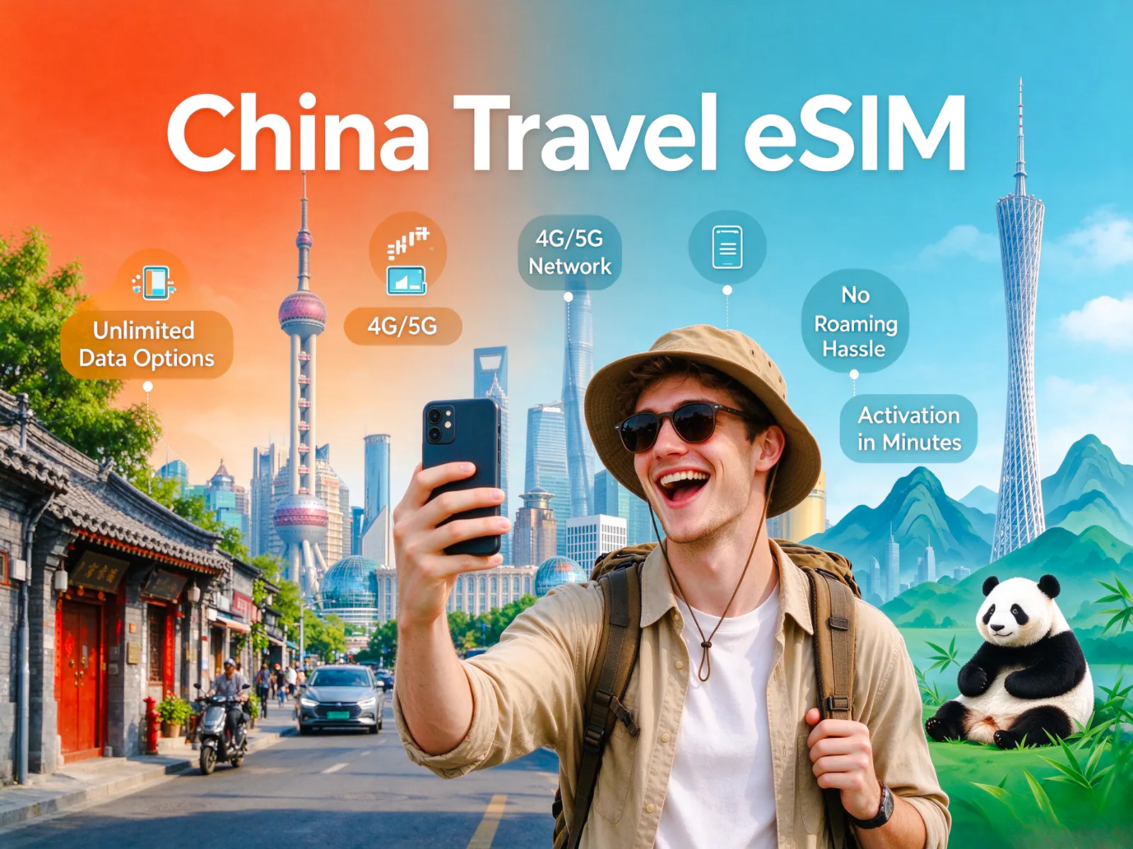 Traveler using smartphone with China eSIM in Beijing, showcasing 4G/5G network and hotspot sharing.