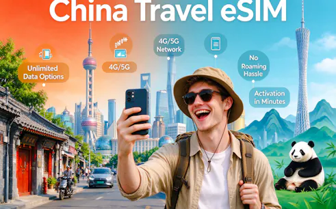 Traveler using smartphone with China eSIM in Beijing, showcasing 4G/5G network and hotspot sharing.