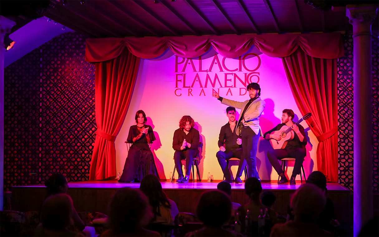 Flamenco performers on stage at Palacio Flamenco Granada show.