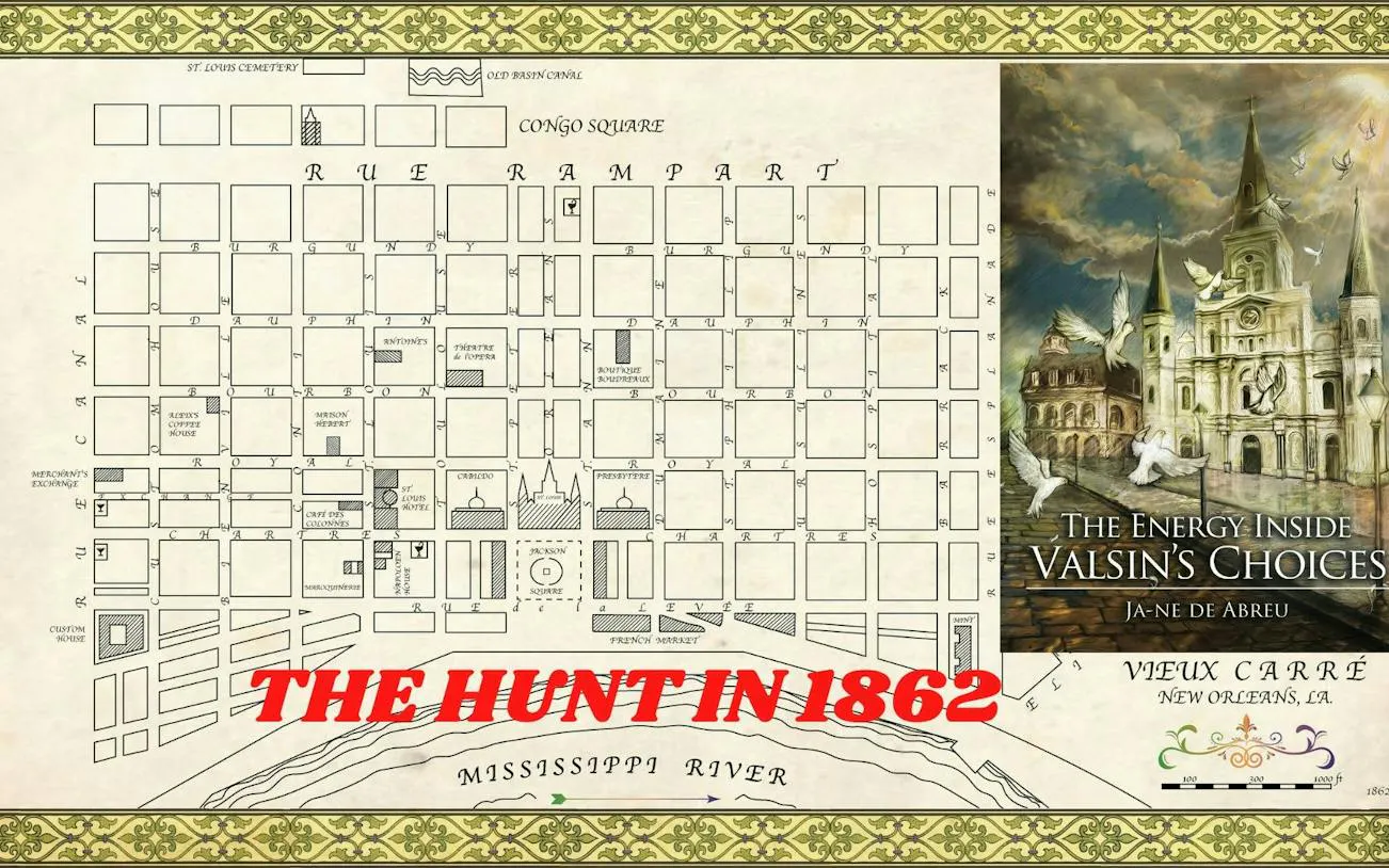 Map of Vieux Carré, New Orleans, with St. Louis Cathedral illustration for self-guided city exploration game.