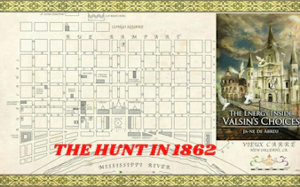 Map of Vieux Carré, New Orleans, with St. Louis Cathedral illustration for self-guided city exploration game.