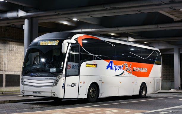 Airport bus at London Stansted Airport for one-way service to London Stratford.