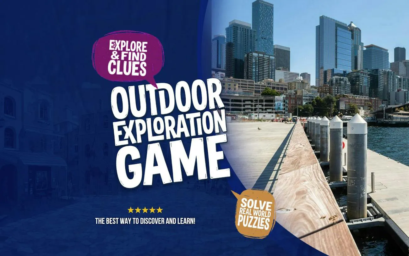 Seattle cityscape with waterfront, promoting Seattle Harbor of Secrets Golden Mermaid Hunt exploration game.