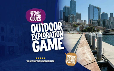Seattle cityscape with waterfront, promoting Seattle Harbor of Secrets Golden Mermaid Hunt exploration game.