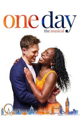 Couple embracing with "One Day the Musical" text above, London skyline illustration below.