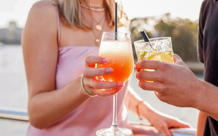 Guests toasting with cocktails on a Starlight Dinner Cruise in Sydney.