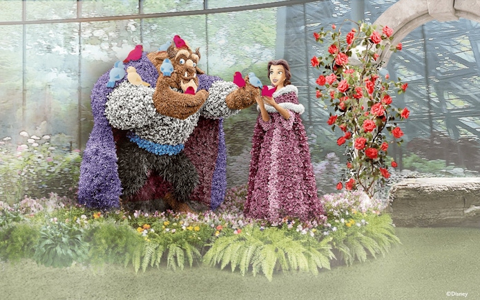 Belle and Beast topiary display with birds in a garden setting.