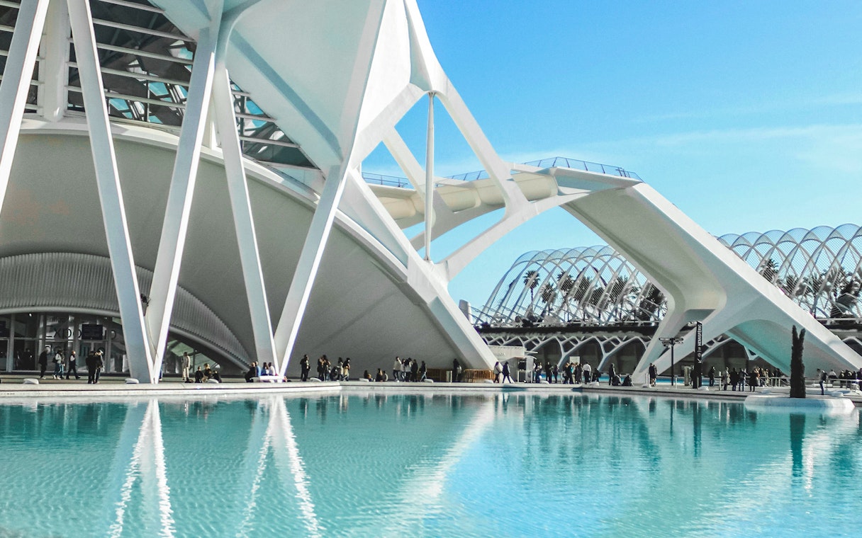 Hemisfèric architecture and pool at City of Arts and Sciences, Valencia.