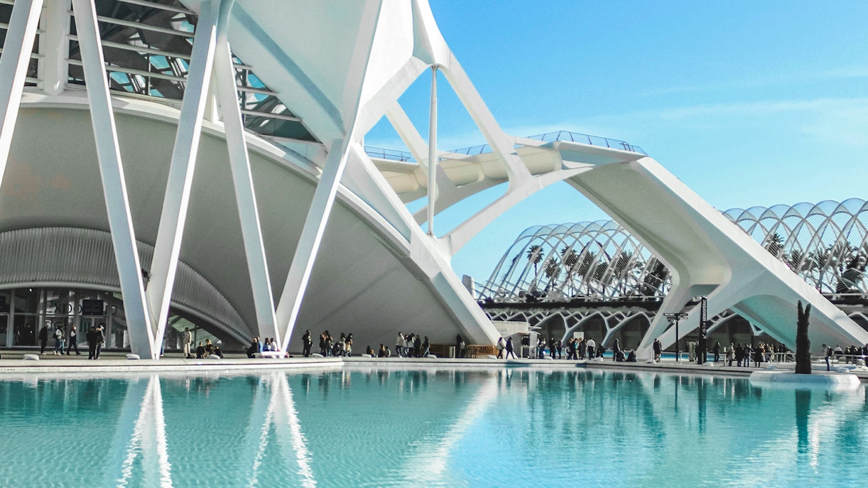 Hemisfèric architecture and pool at City of Arts and Sciences, Valencia.
