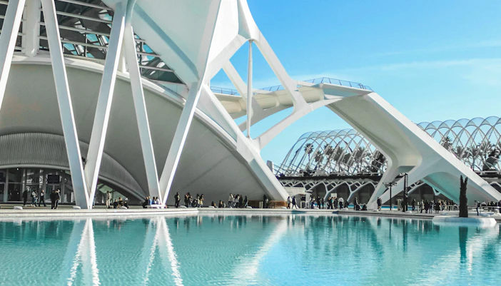 Hemisfèric architecture and pool at City of Arts and Sciences, Valencia.