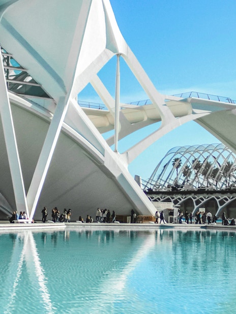 Hemisfèric architecture and pool at City of Arts and Sciences, Valencia.