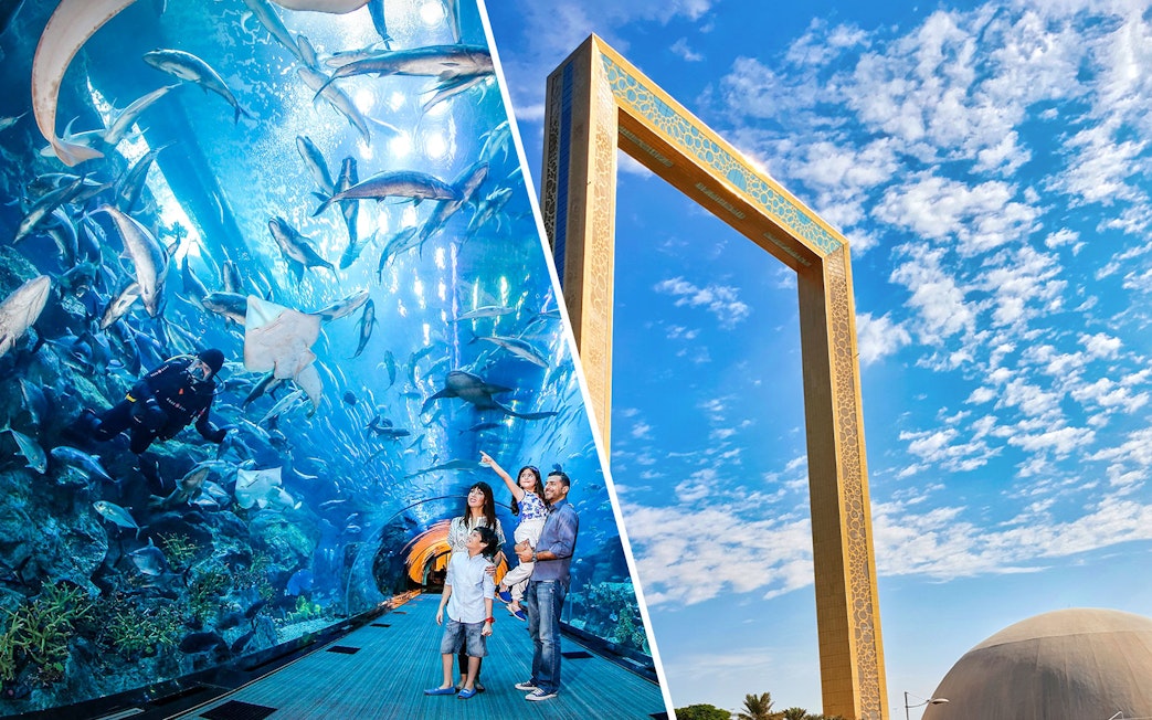 Dubai Aquarium tunnel with family and diver, Dubai Frame against blue sky.