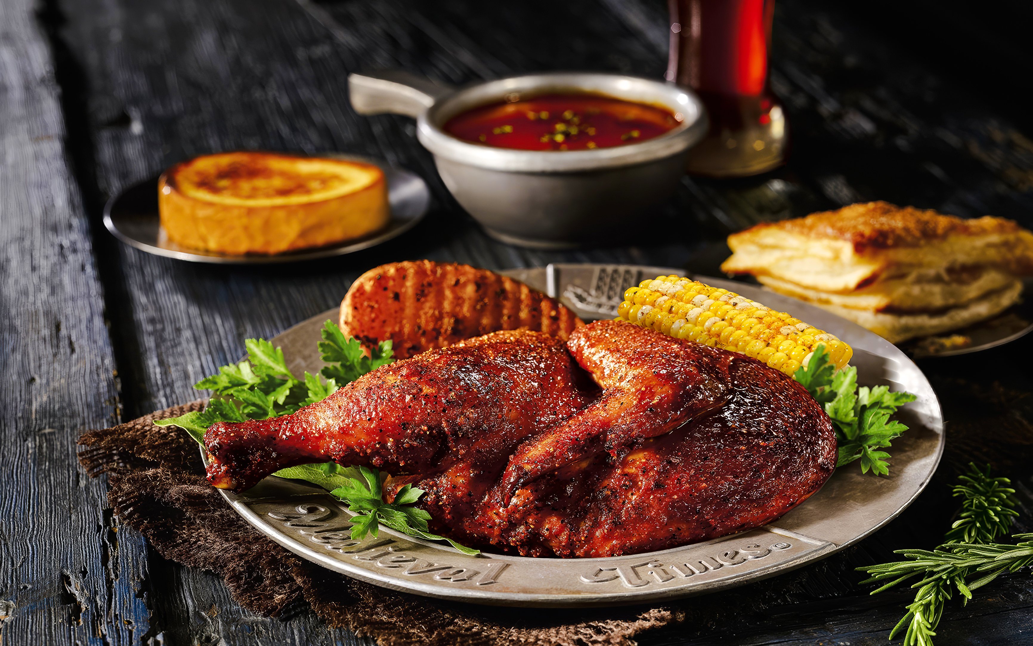 Roasted chicken with corn and bread at Medieval Times Dinner and Show.