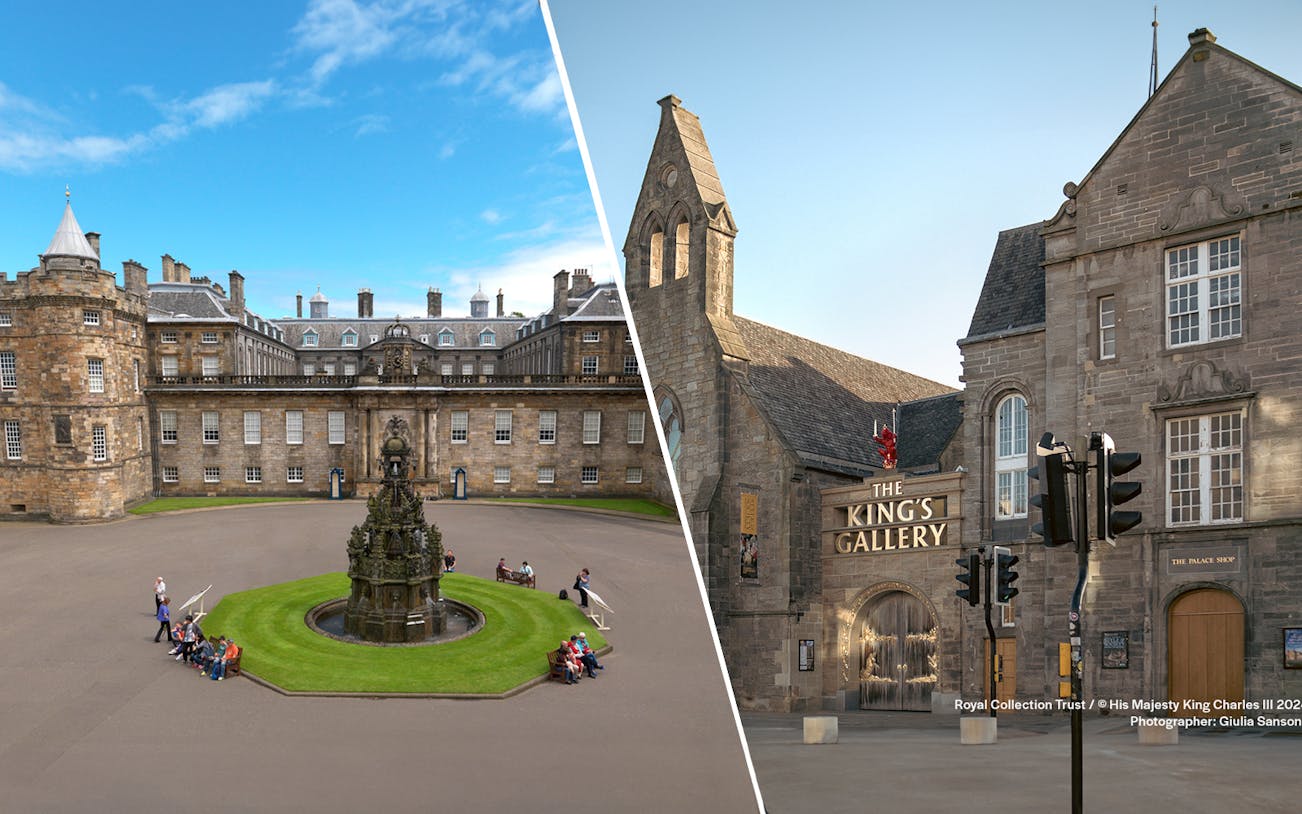 Palace of Holyroodhouse courtyard and King's Gallery entrance in Edinburgh.