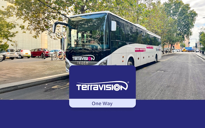 Terravision bus parked on a street, offering transfers from Rome Ciampino Airport to city center.