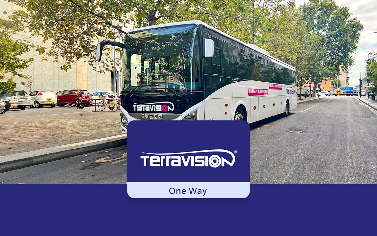 Terravision bus parked on a street, offering transfers from Rome Ciampino Airport to city center.