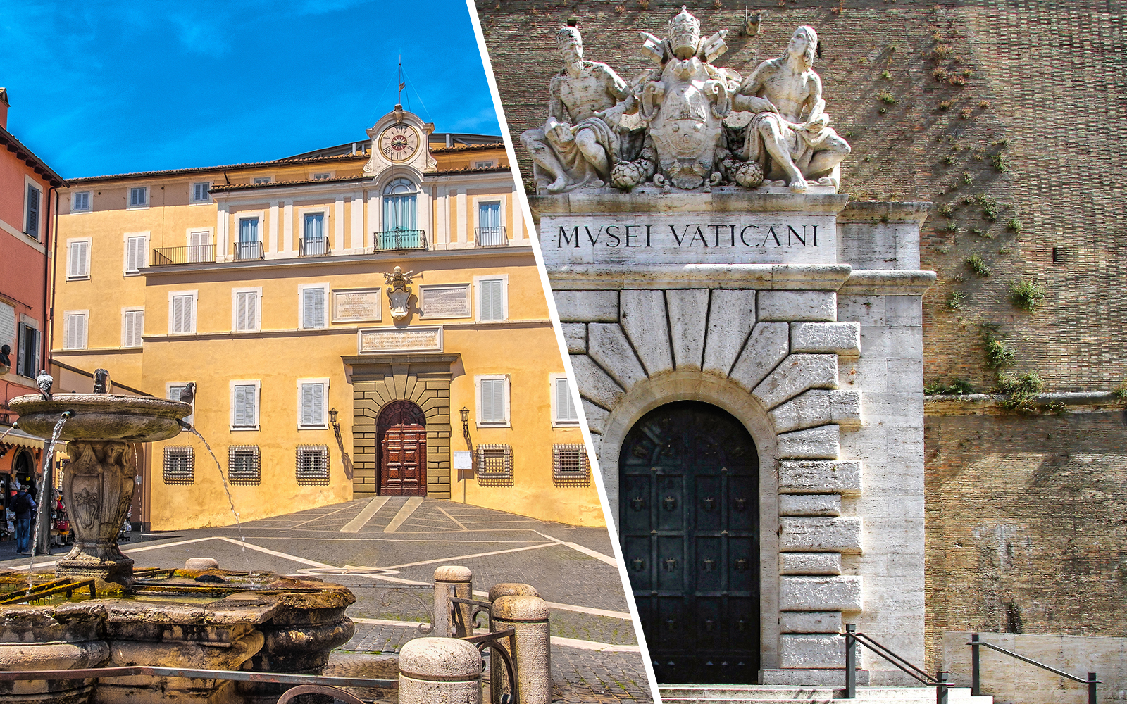 Main entrance of the Vatican Museums in Rome with ornate sculptures above the doorway.