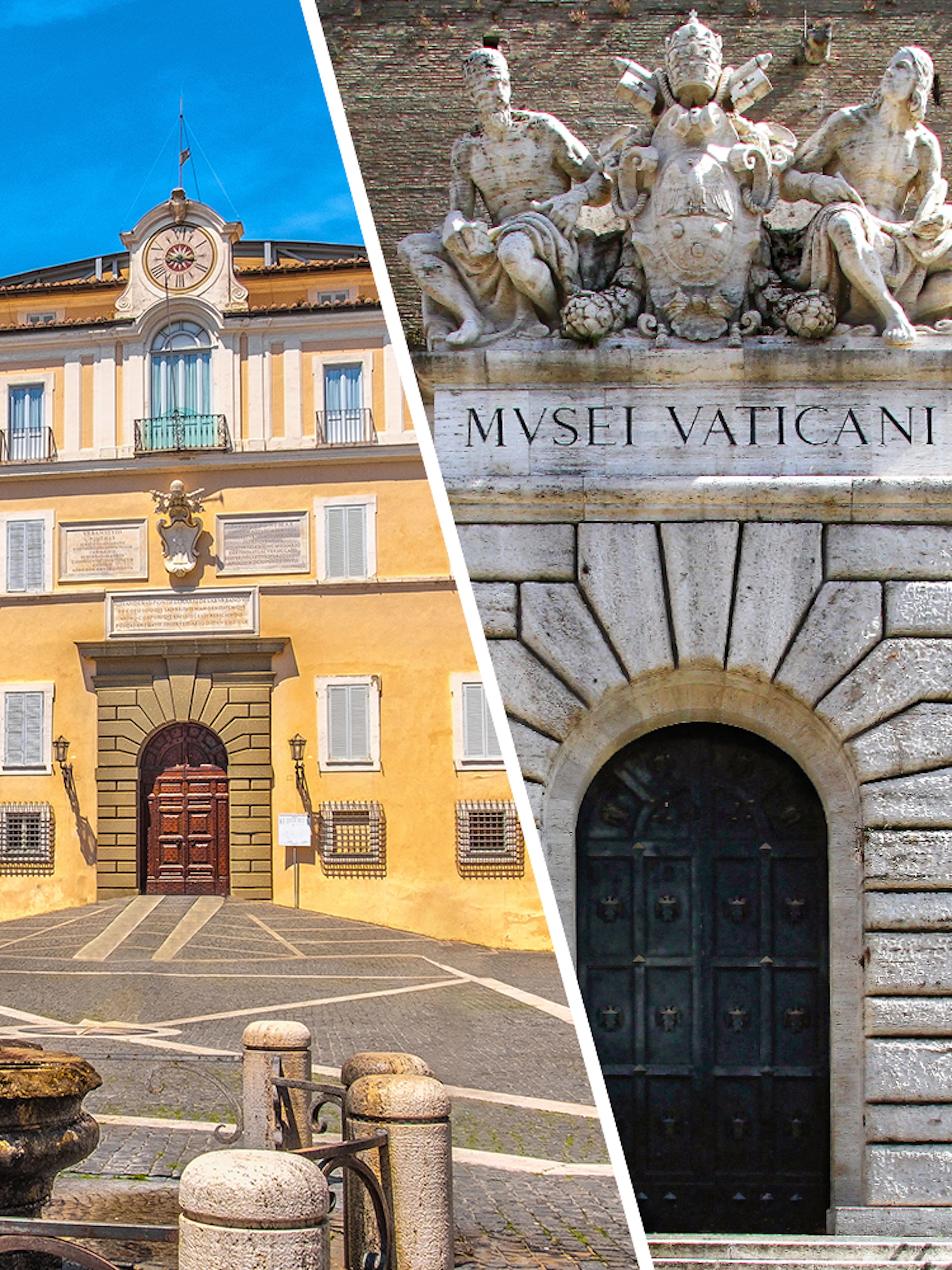 Main entrance of the Vatican Museums in Rome with ornate sculptures above the doorway.