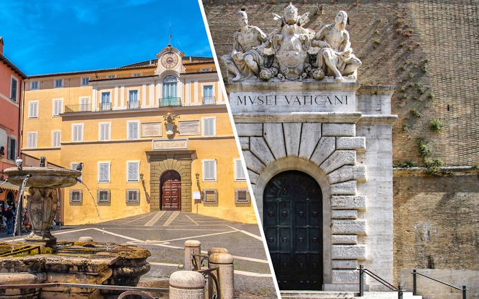 Main entrance of the Vatican Museums in Rome with ornate sculptures above the doorway.