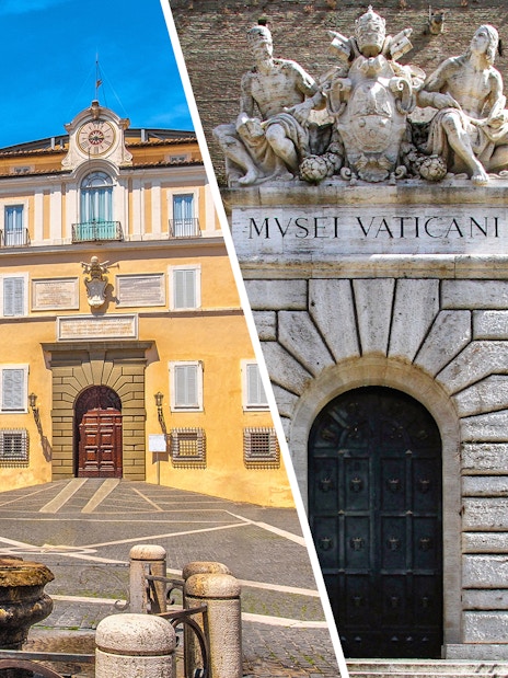 Main entrance of the Vatican Museums in Rome with ornate sculptures above the doorway.