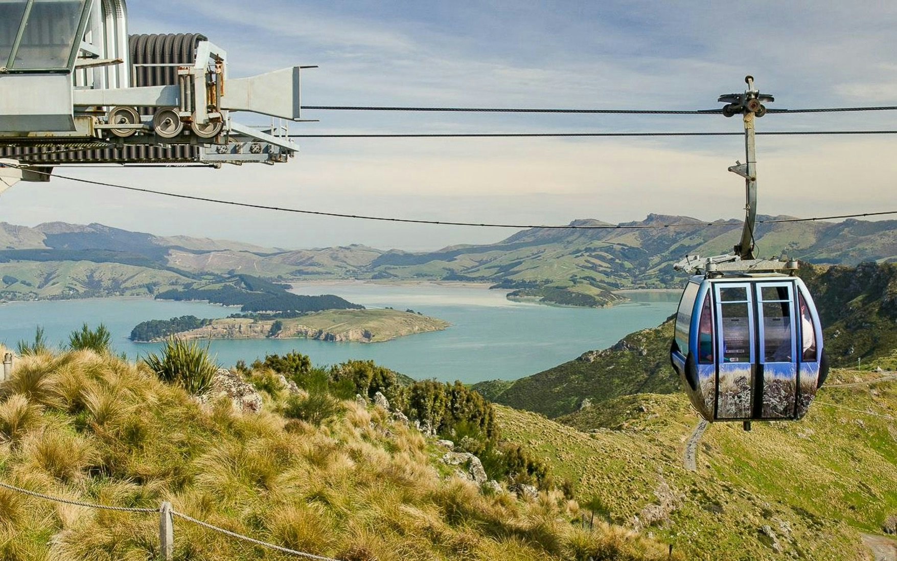 Gondola ride over hills with view of Lyttelton Harbour, Christchurch.
