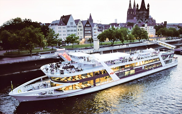 Cruise ship on the Rhine River with Cologne Cathedral in the background during a 1-hour city cruise.
