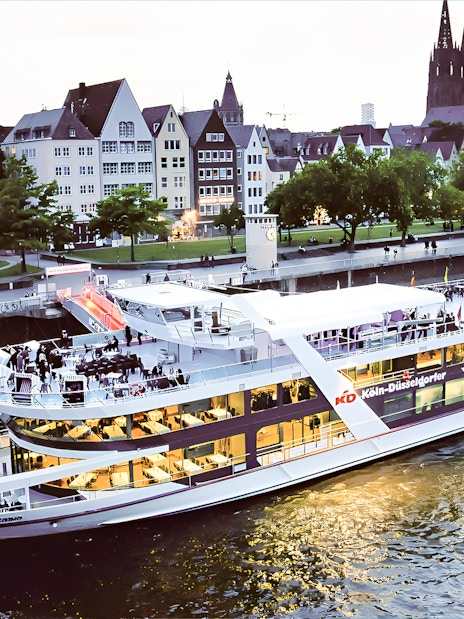 Cruise ship on the Rhine River with Cologne Cathedral in the background during a 1-hour city cruise.