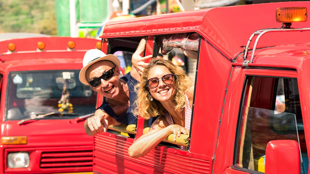 Vietnam tuk-tuk taxi on a bustling street in Ba Na Hills.