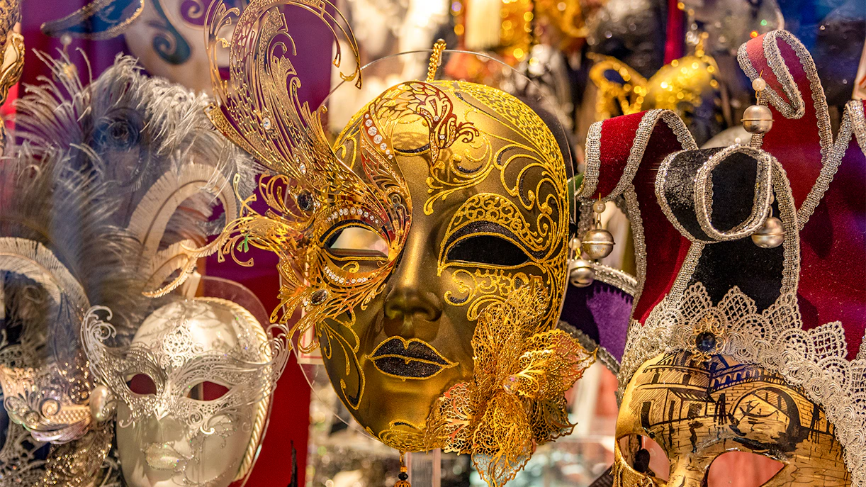 Venetian masks displayed at the Venice Carnival, Italy.