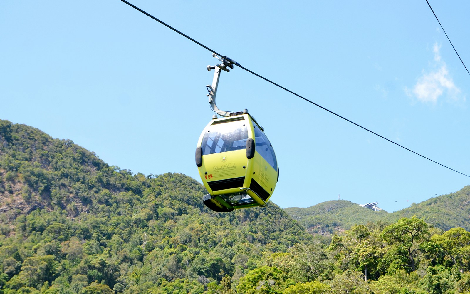 Langkawi cable car glass bottom gondola with scenic rainforest and mountain views.