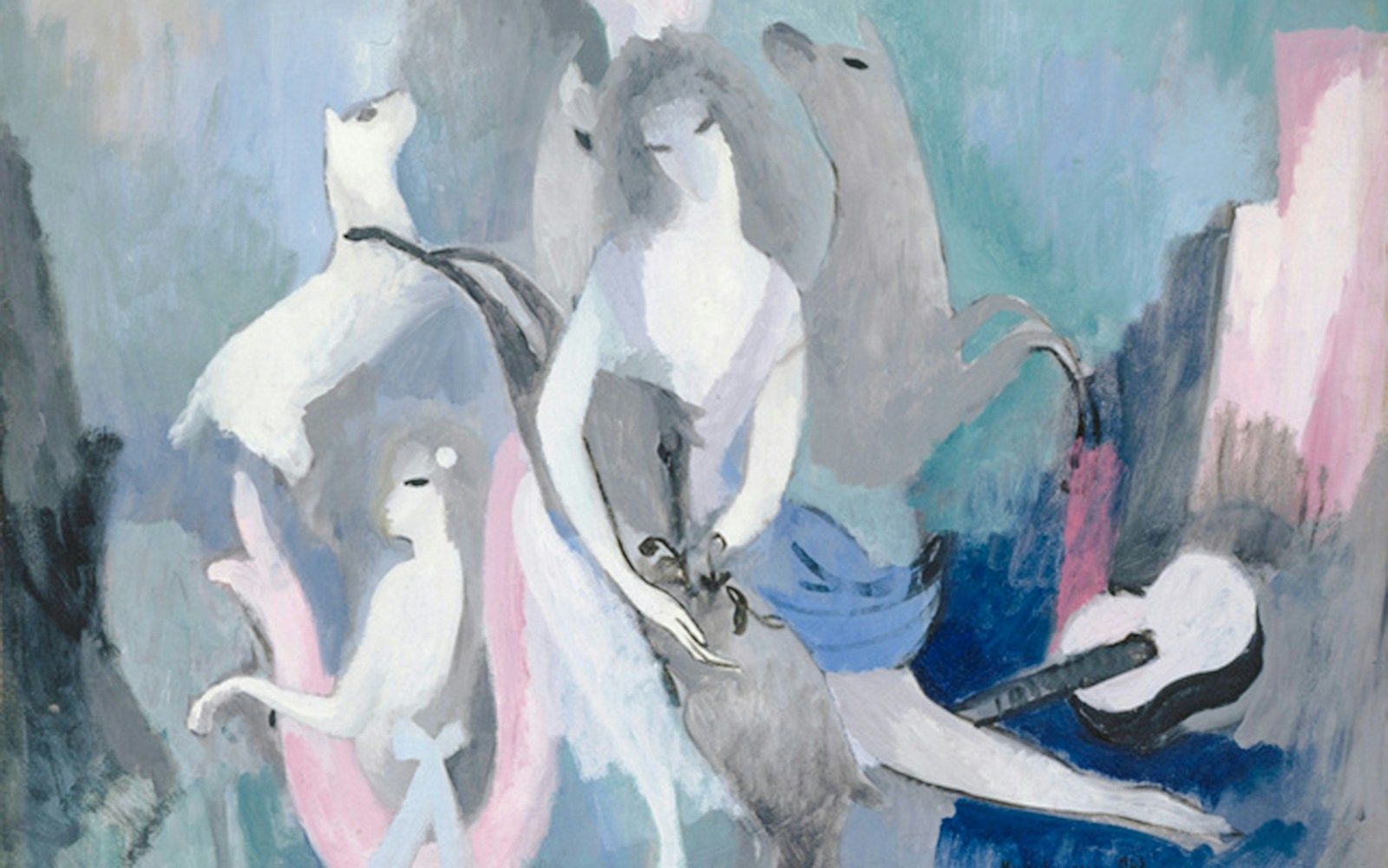 Marie Laurencin's "Les Biches" painting at Orangerie Museum, Paris, featuring abstract figures and animals.