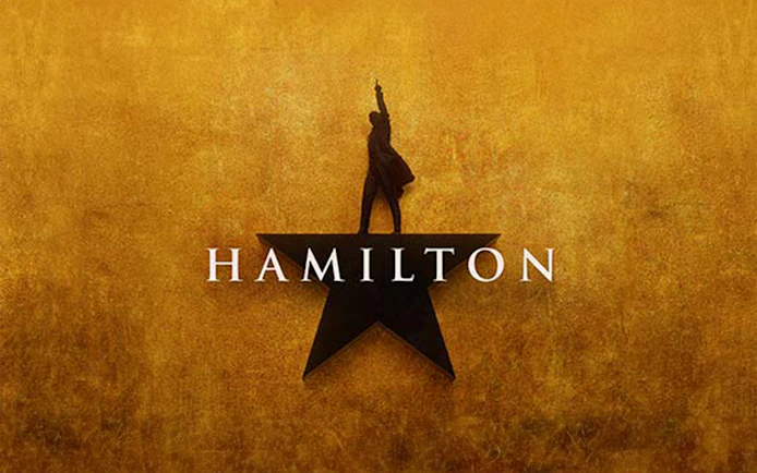 Hamilton musical logo with silhouette on star background.