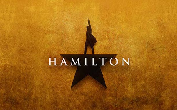 Hamilton musical logo with silhouette on star background.