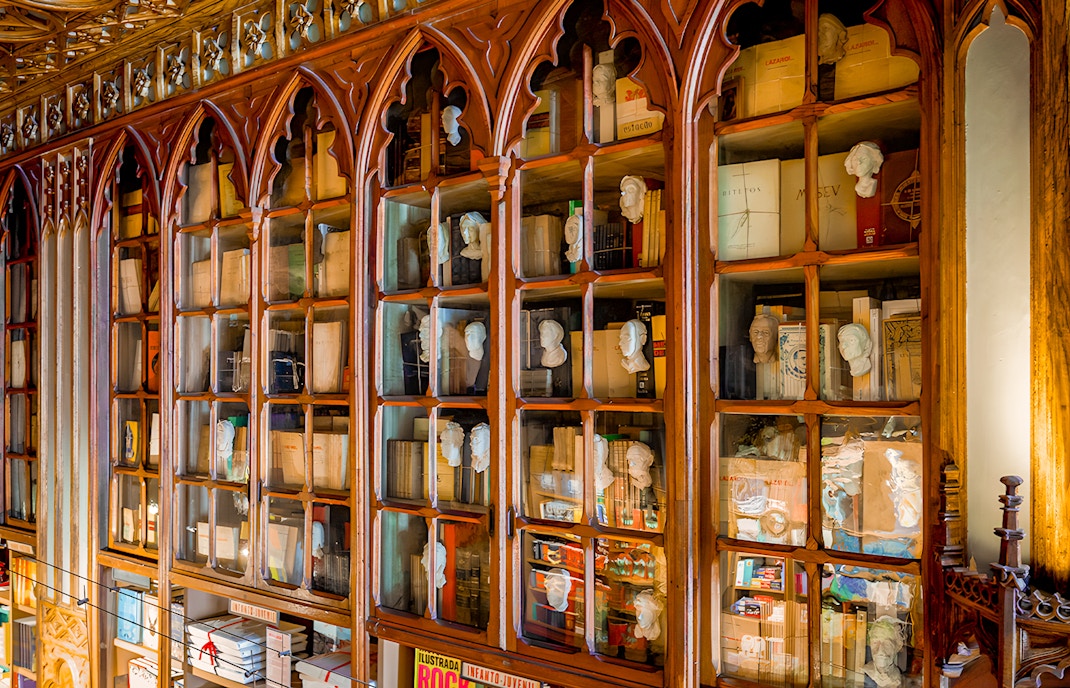 Lello Library ornate staircase and bookshelves, Porto, Portugal.