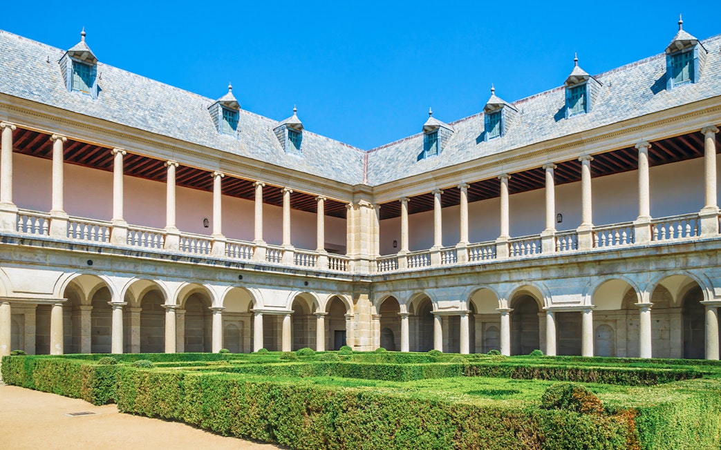 Renaissance cloister and gardens at Monastery of San Lorenzo de El Escorial, Spain.