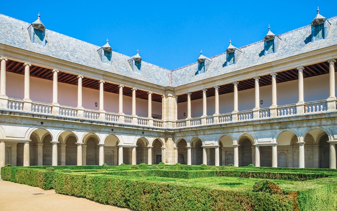 Renaissance cloister and gardens at Monastery of San Lorenzo de El Escorial, Spain.