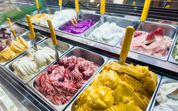 Assorted colorful gelato flavors in a display case.