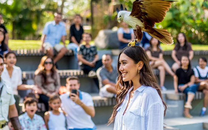 Woman smiling with a bird perched on her head at Bali Bird Park, audience in background.