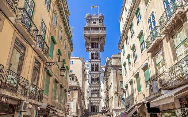 Santa Justa Lift in Lisbon, Portugal, viewed from street level, part of Hop On Hop Off Boat Tour.