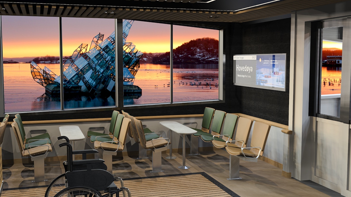 Oslo Fjord cruise interior with view of the She Lies sculpture at sunset.