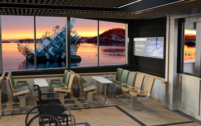 Oslo Fjord cruise interior with view of the She Lies sculpture at sunset.