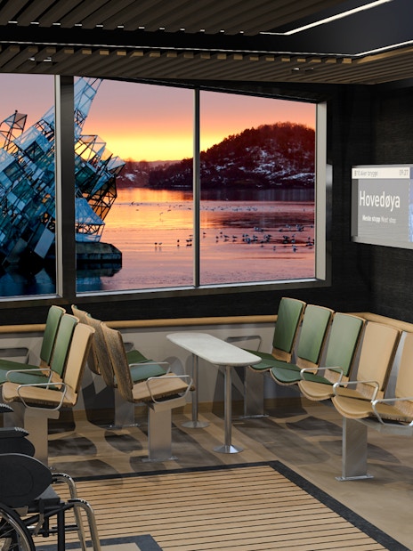 Oslo Fjord cruise interior with view of the She Lies sculpture at sunset.