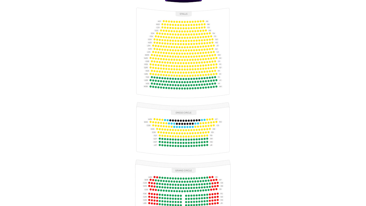 Seating chart of Gielgud Theatre showing stalls, dress circle, and grand circle sections.
