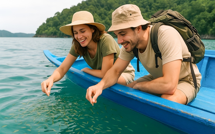 Couple feeding fish from a speedboat during Langkawi Island Hopping tour.