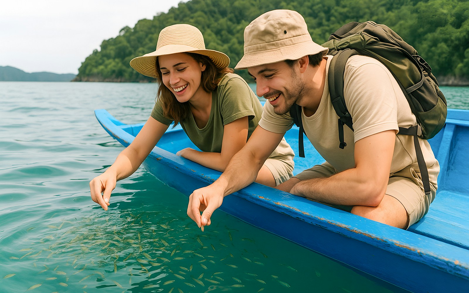 Couple feeding fish from a speedboat in Langkawi during island hopping tour.