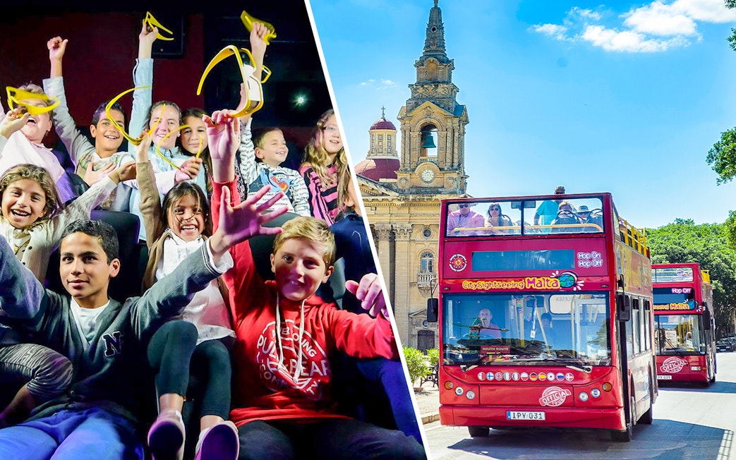 Children enjoying a 5D show and a red hop-on hop-off bus in front of a Maltese landmark.