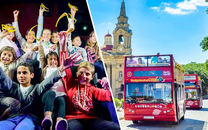 Children enjoying a 5D show and a red hop-on hop-off bus in front of a Maltese landmark.